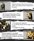 Installation guide for Gold Geometry 3D Space Wallpaper Mural, showing steps to apply large wall decor in multiple panels.