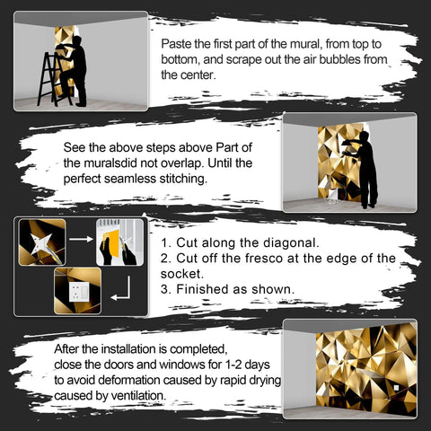Installation guide for Gold Geometry 3D Space Wallpaper Mural, showing steps to apply large wall decor in multiple panels.