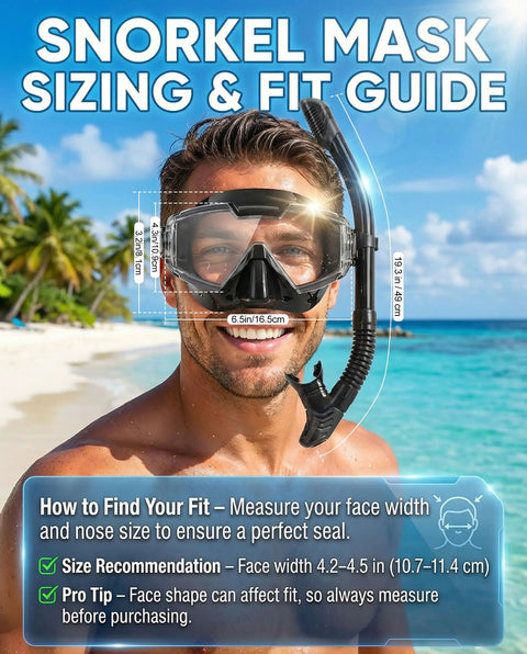 All-In-One Snorkel Mask Set With Dry Snorkel And 180 Degree Panoramic View, Anti-Fog And Anti-Leak Tech, size guide on beach