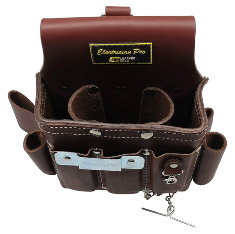 Top view of 10 Pocket Leather Electrician Tool Pouch with hammer holder and tape chain, brown belt organizer.
