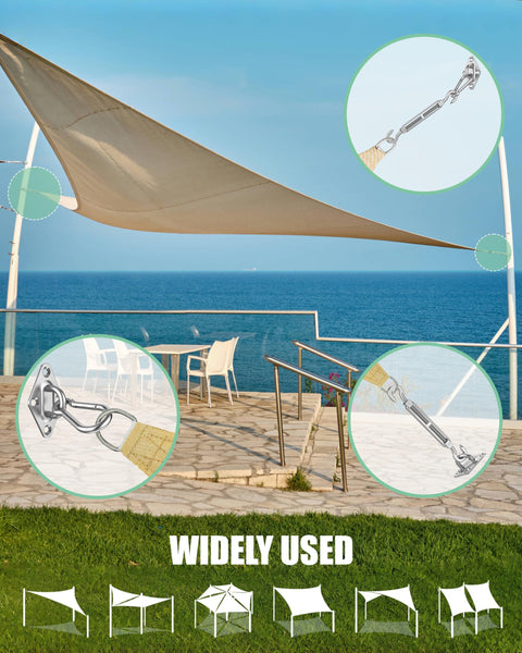 Heavy Duty Stainless Steel Shade Sail Hardware Kit 6 Inch Fittings 44 Pieces For Triangle And Rectangle Canopies All Weather Rustproof 304 Stainless Steel Outdoor Patio Garden Backyard Shade Setup, installed on seaside patio.