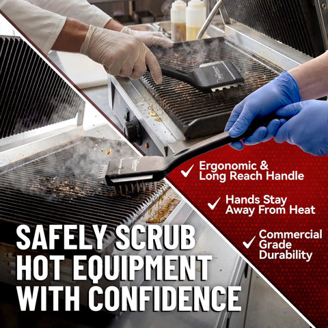 Heavy Duty 3 In 1 Panini Grill Brush Cleaner With Stainless Steel Scraper Tool cleaning a hot grill, ergonomic handle design, effective debris removal.