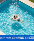 A person floating on a colorful pool float in a clear blue pool, relaxing on a sunny day. 16 In 1 Pool And Spa Water Test Strips 100 Count Super Quick 30 Second Readout For pH Alkalinity Hardness Chlorine Bromine And Heavy Metals With No Sweat Easy Results.