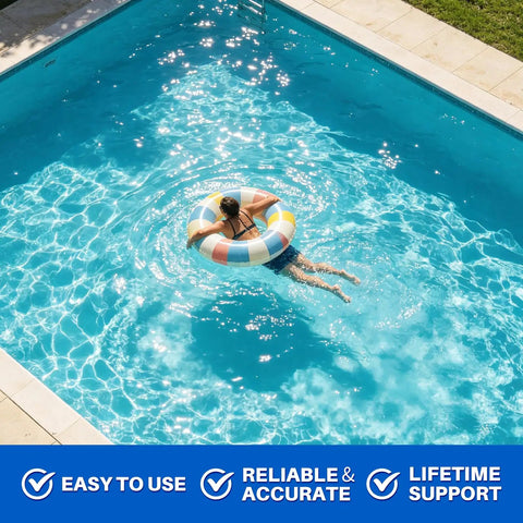 A person floating on a colorful pool float in a clear blue pool, relaxing on a sunny day. 16 In 1 Pool And Spa Water Test Strips 100 Count Super Quick 30 Second Readout For pH Alkalinity Hardness Chlorine Bromine And Heavy Metals With No Sweat Easy Results.