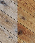 Before and after using Natural Wood Conditioning Oil With Coconut Oil For Natural Furniture Care Orange Scent 8 Oz 100 Percent Plant Based Petrochemical Free Safe On Raw Waxed Or Oiled Wood Finishes on wood planks.
