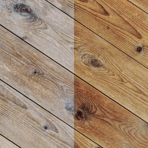 Before and after using Natural Wood Conditioning Oil With Coconut Oil For Natural Furniture Care Orange Scent 8 Oz 100 Percent Plant Based Petrochemical Free Safe On Raw Waxed Or Oiled Wood Finishes on wood planks.