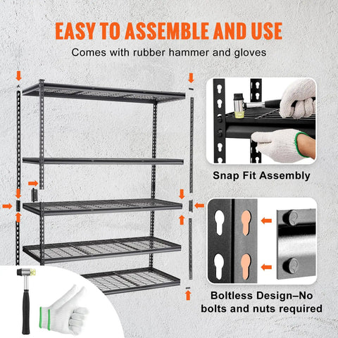 Beefy 5 Tier Adjustable Storage Shelving Unit Black With 2000 Lb Capacity Ideal For Garage Workshop Or Warehouse Organization And Heavy Duty Steel Load Bearing Rack snap-fit assembly