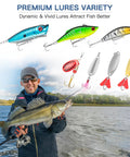 Angler holding fish with All In One 144 Piece Fishing Lure Kit. Visible crankbaits, spoons, and jigs for bass freshwater anglers.