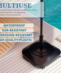 Beefed Up Heavy Duty Outdoor Umbrella Base With Five Wheels, Fillable To 100 Lbs, on poolside deck with pole holder