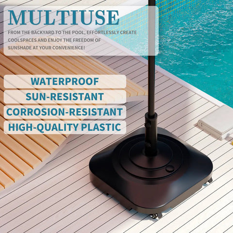 Beefed Up Heavy Duty Outdoor Umbrella Base With Five Wheels, Fillable To 100 Lbs, on poolside deck with pole holder