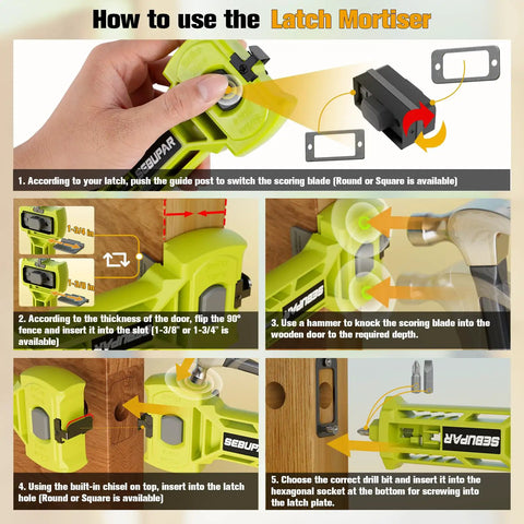 All-in-One Door Latch Kit with Built-In Scoring and Chisel for Quick, No-Hassle Door Prep usage instructions diagram.