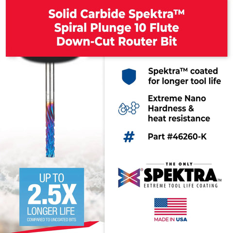 Spektra Coated Solid Carbide CNC Panel Cutting Router Bit Down Cut For Carbon Fiber Graphite And Composite Panels One Eighth Inch Diameter One Half Inch Cutting Height One Eighth Inch Shank Two Inch Overall Length Made In USA, showing tool and coating details.