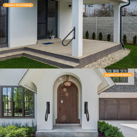 Built Tough Heavy Duty Metal Handrails U Shaped Safety Grab Bars Featuring Non Slip Black Powder Coating For Rugged Wall Mount Outdoor Indoor Stairs Porch Access on porch and entryway steps.