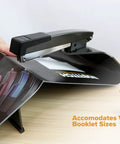 No Jam Booklet Stapler For 20 Sheets, All Metal Construction, binding a booklet on a wooden desk