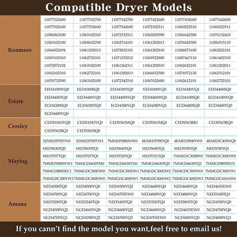 Compatibility chart for Heavy Duty Dryer Repair Kit With Belt Replacement For Whirlpool Kenmore Maytag Amana Pro Grade