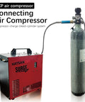 CE EN Certified 2L 122 Cu In 4500 Psi Air Tank for Paintball HPA PCP and Scuba Carbon Fiber connected to air compressor