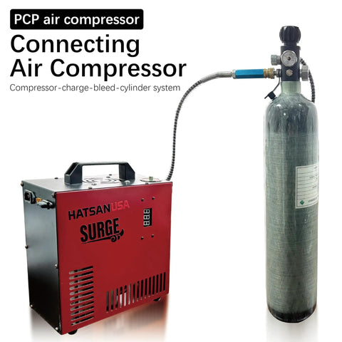 CE EN Certified 2L 122 Cu In 4500 Psi Air Tank for Paintball HPA PCP and Scuba Carbon Fiber connected to air compressor
