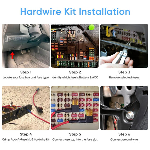 Type C HK6 Hardwire Kit With 8 Piece Fuse Tap Installation Steps for A329S and A119M Pro, showing fuse box and wiring process.
