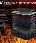 Cross-section of Built Tough Fireproof Document Organizer With Lock, 8-layer fire protection, specifications, and temperatures shown.