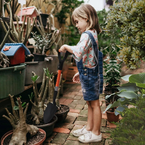 Child gardening with Kids 28 Inch D Handle Shovel for Digging Gardening Beach and Camping Metal Blade With Fiberglass Handle