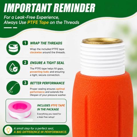 Instructions for using PTFE tape to seal threads on a sprayer, featuring orange grip and white tape, with graphic elements.