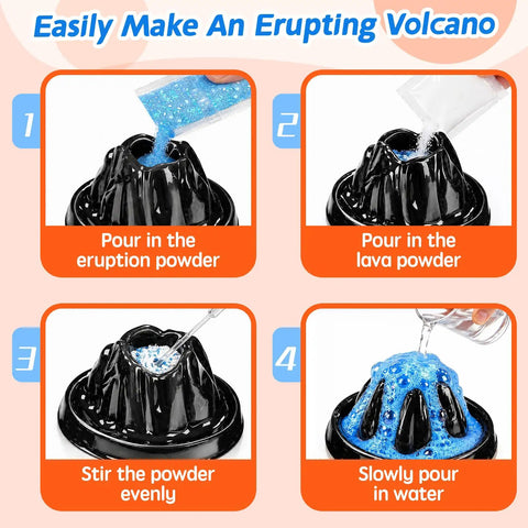 Instructional steps for Volcano Eruption Science Kit For Kids 24 Pack STEM Experiments with black volcano mold and blue powder