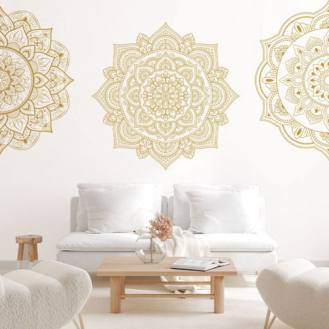 Gold Half Mandala Wall Decals Set With Lotus Flower Vinyl Art For Boho Bedroom And Living Room Four Piece Peel And Stick Kit Two Patterns That Form A Complete Mandala Perfect Headboard Decor For Yoga And Namaste Vibes