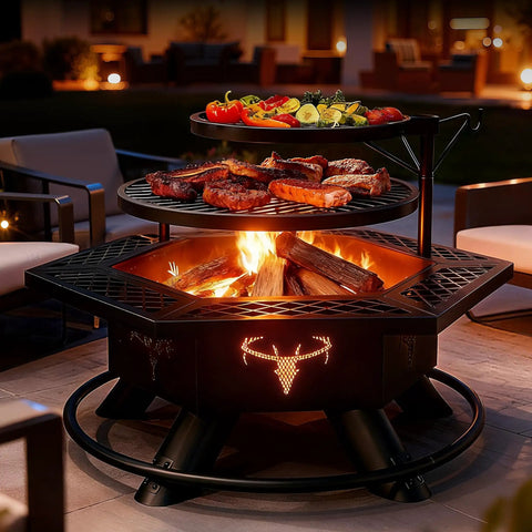 2 In 1 Backyard Fire Pit And Grill For Outdoor Gatherings, meats and veggies cooking on hexagonal wood burning pit