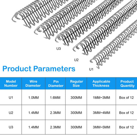 12 Piece Conveyor Belt Lacing Fasteners with stainless steel wire hook pins, product parameters chart visible