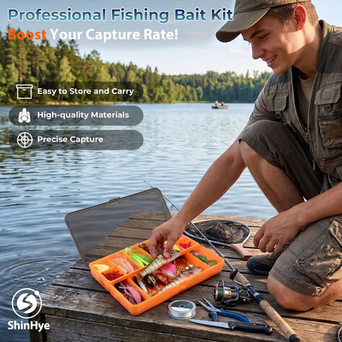 Angler using All In One Fishing Kit With Tackle Box 193 Piece Set Including Frogs Minnows Soft Baits Hooks And Weights