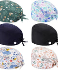 Six Pack Bouffant Scrub Caps With Buttons And Sweatband in assorted prints and colors for unisex use, cotton material, adjustable tie back.