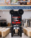 Fully Automatic Electric Cup Sealer With LCD Control Panel sealing bubble tea cups at a busy drink shop, black unit.