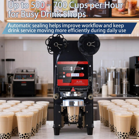 Fully Automatic Electric Cup Sealer With LCD Control Panel sealing bubble tea cups at a busy drink shop, black unit.