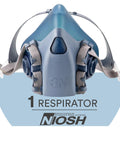 Reusable Respirator Half Facepiece 7501 NIOSH Approved Cool Flow Valve front view with straps and grey facepiece shown.