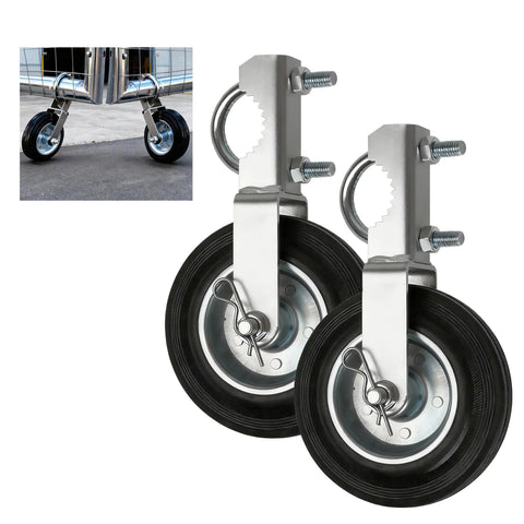 Beefy Heavy Duty Gate Helper Caster 2 Pack With Six And A Quarter Inch Wheel Supports Up To 500 Lbs For 1 To 2 Inch Metal Frame Swing Gates Prevents Dragging On Grass Gravel Or Concrete Stem Mount Easy Install, showing two heavy-duty wheels with metal mounts and a gate installation example.