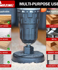Pro Grade Hole Saw Kit 19-Piece Set With 3/4 Inch To 5 Inch Blades drilling into soft wood, PVC board, and plywood