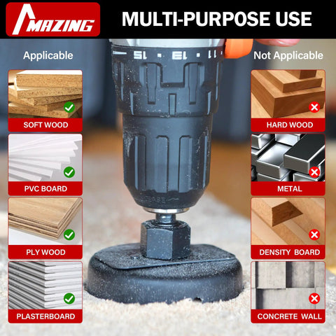 Pro Grade Hole Saw Kit 19-Piece Set With 3/4 Inch To 5 Inch Blades drilling into soft wood, PVC board, and plywood