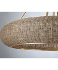 Close-up of Stunning Handwoven White Seagrass Fandelier Ceiling Fan With No Sweat Remote and Four Warm Brass Shades.