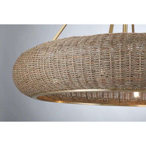 Close-up of Stunning Handwoven White Seagrass Fandelier Ceiling Fan With No Sweat Remote and Four Warm Brass Shades.