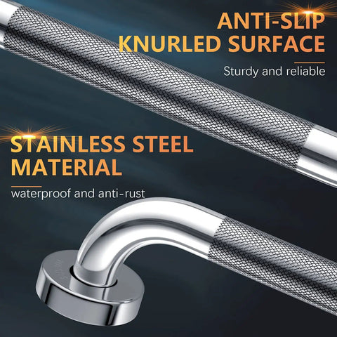 16 Inch Anti Slip Shower Grab Bar With Grippy Textured Knurled Grip, Chrome Stainless Steel Bathroom Safety Hand Rail close-up details