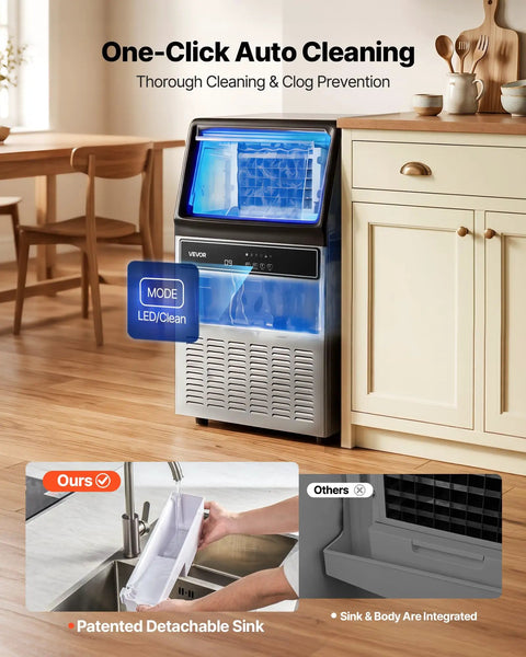 Top Notch Commercial Ice Maker Cranking Out 120 Lbs Daily With Slick Under Counter Design, Built In Self Cleaning, And Rugged Stainless Steel Shell, showing auto-cleaning feature.