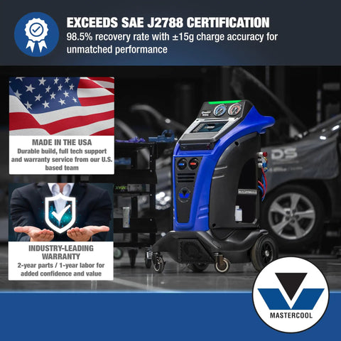 Heavy Duty Automatic R134A Refrigerant Recovery Machine Packed With A No Nonsense 10 Inch Touchscreen, showcasing SAE certification and features.