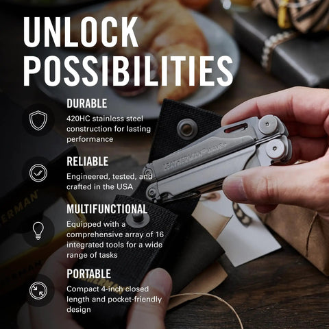 Person holding Wave Plus Do-It-All 18-In-1 Full-Size Multi Tool For DIY Home Garden Outdoors and Everyday Carry EDC Stainless Steel.