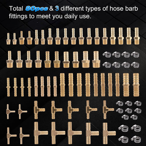 Front view of KOOTANS brass hose barb fittings kit, 80pcs, with 1/8–1/2 in barbs, tees, splicers and clamps.