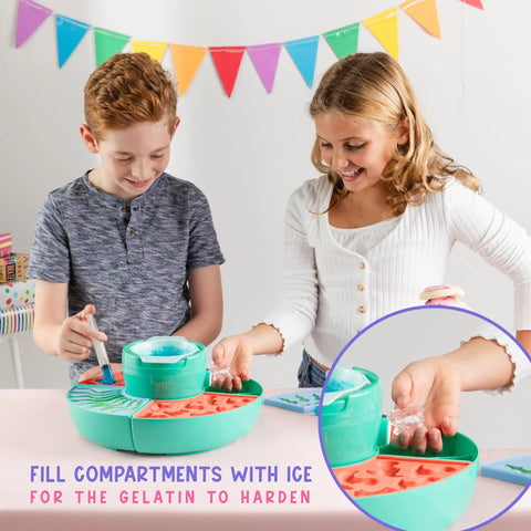 Kids using Ultimate Gummy Candy Making Kit For Home Use With Four Mold Shapes And Heating Base, close-up of ice tray.