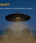 Outdoor Patio Umbrella Lights Battery Operated With Dimmable Timer illuminating beach chairs at night
