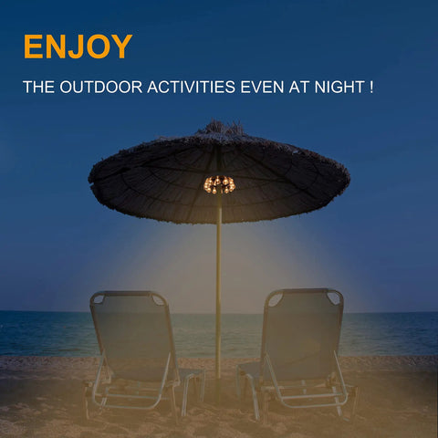 Outdoor Patio Umbrella Lights Battery Operated With Dimmable Timer illuminating beach chairs at night