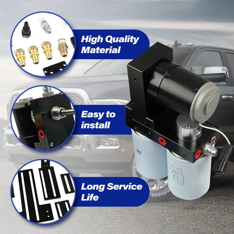 Front view of 165GPH Diesel Fuel Lift Pump System for Dodge Ram 1998-2004 5.9L 2500 3500, high-flow replacement, with filters and fittings.