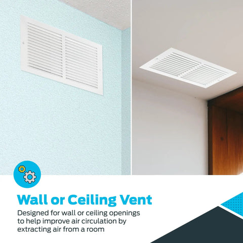 Wall and ceiling installation of 14 Inch By 6 Inch Return Air Vent Cover For Wall Or Ceiling, Solid Steel Grille, White HVAC Vent Cover shown.