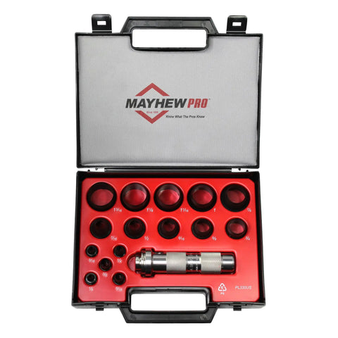 16 Piece Hollow Punch Set For Leather, Vinyl, Cloth And Light Metal in black plastic case with visible sizes and tools.